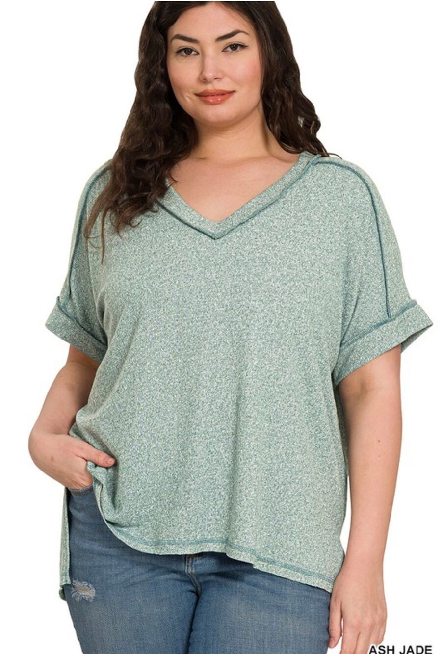 Zenana Ash Jade Green V-Neck Relaxed Top – Size 2X/3X – NWOT